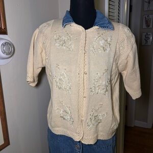 Cream Knit Cardigan with Floral Embroidery
